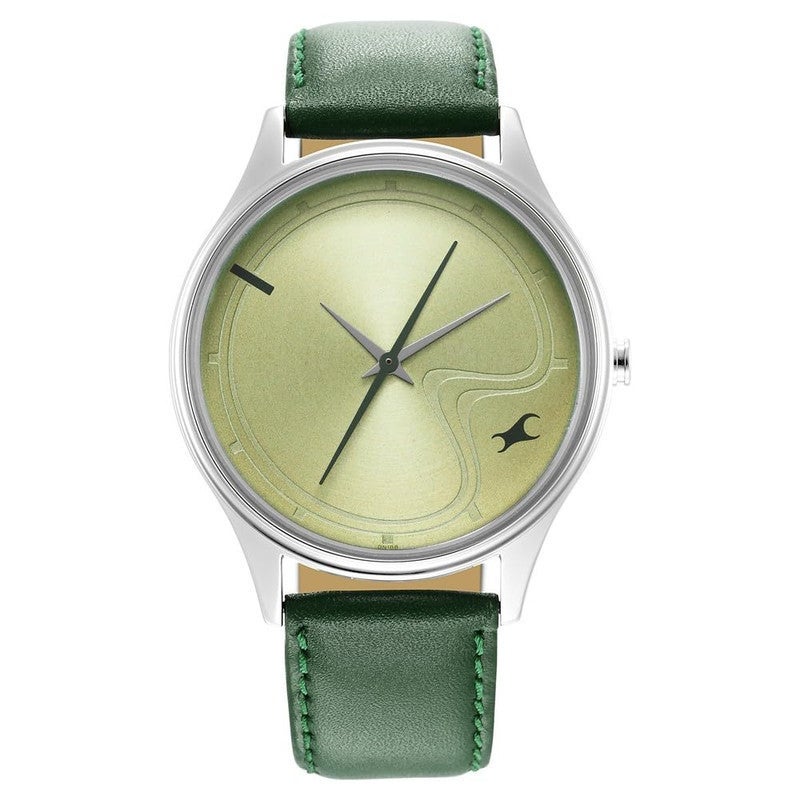 Fastrack Stunners Men's Quartz Analog | Sculpted Matte Green Dial with Green Leather Strap | Polished Silver Case & Minimalist Design - NR3290SL02 - Image 1