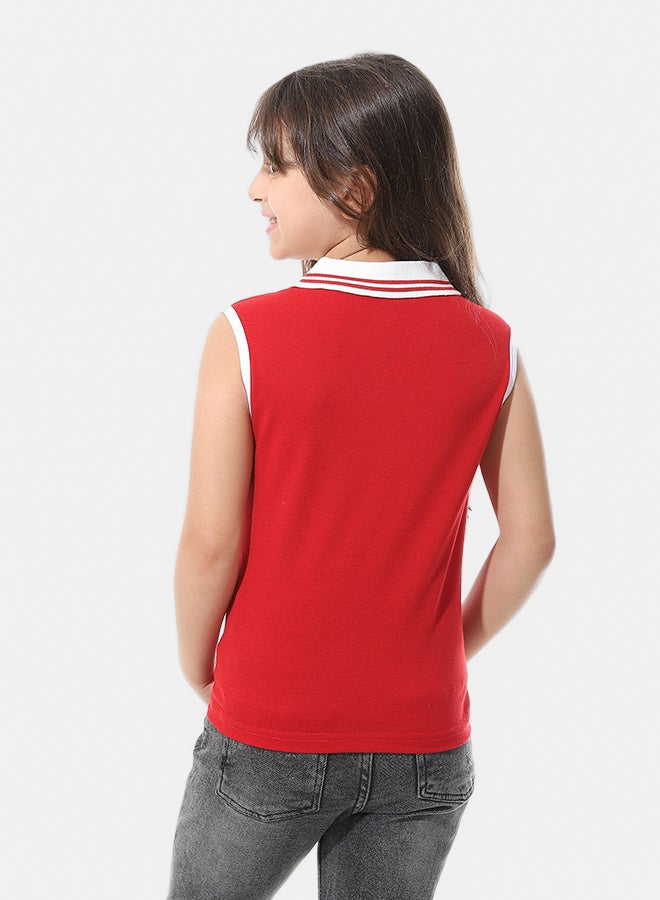 Andora Sleeveless Pique Girls Polo Shirt _ Red & White - Image 4