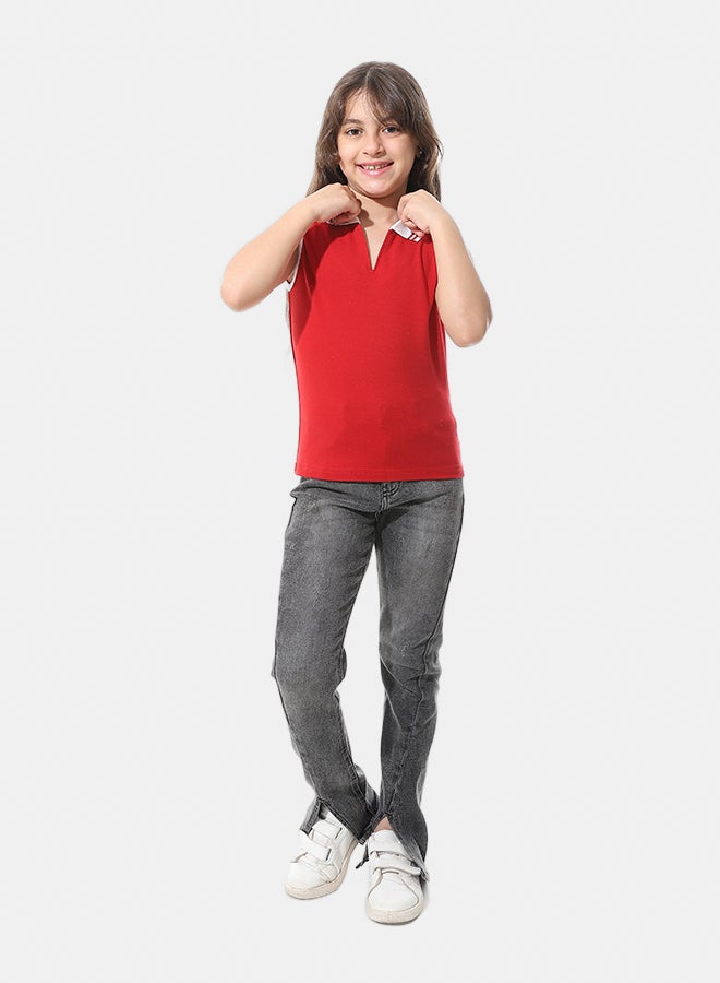 Andora Sleeveless Pique Girls Polo Shirt _ Red & White - Image 5