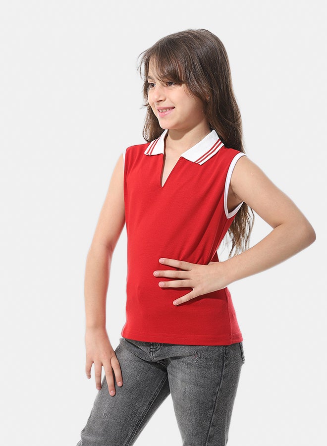 Andora Sleeveless Pique Girls Polo Shirt _ Red & White - Image 2