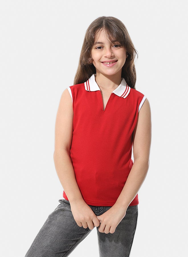 Andora Sleeveless Pique Girls Polo Shirt _ Red & White - Image 3