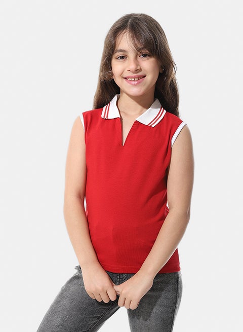 قميص بولو للبنات بدون أكمام _ أحمر وأبيض