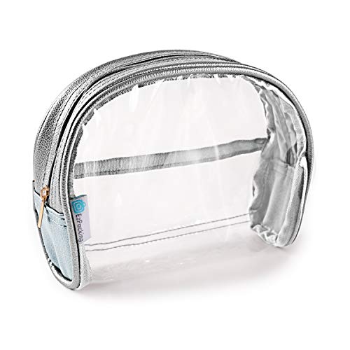 EzPacking Half Moon Bag / Clear Cosmetic Pouch for Purse / Transparent TSA Compliant Clear Quart Bag for Travel / See-Through Clutch or Handbag for Makeup / Made From Vegan Leather, Vinyl PVC & Suede (Silver) - Image 1