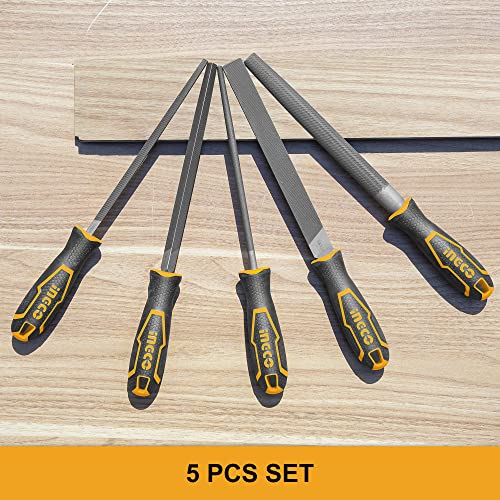 INGCO Steel File Set, 5 Pieces Hand Metal Files, Premium Grade T12 Steel File Set, Includes Flat, Square, Triangular, Round, and Half-Round File - Image 2