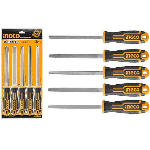 INGCO Steel File Set, 5 Pieces Hand Metal Files, Premium Grade T12 Steel File Set, Includes Flat, Square, Triangular, Round, and Half-Round File - Image 1