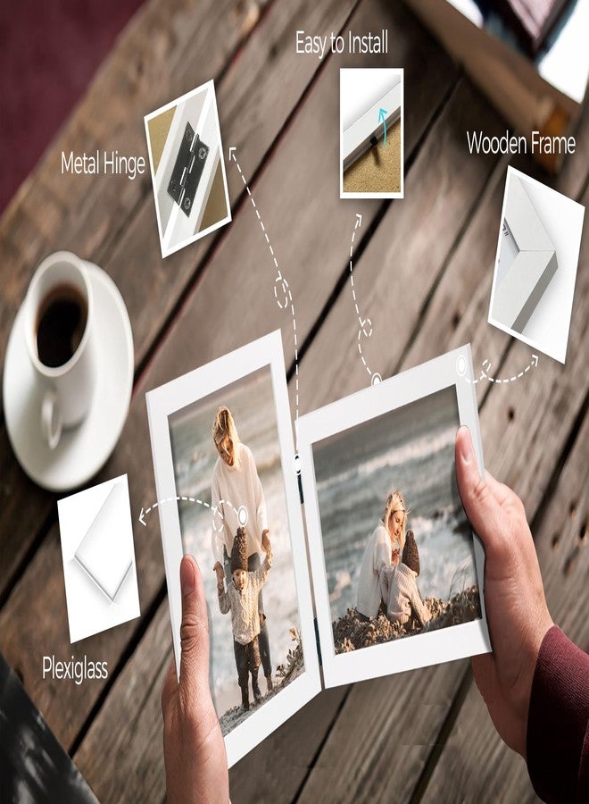 JD Concept Vertical Horizontal Combo, Double 6x4 (10 x 15 cm) White Wood Hinged Photo Picture Frame, Desktop or Wall Mounted, Portrait and Landscape View - Image 2