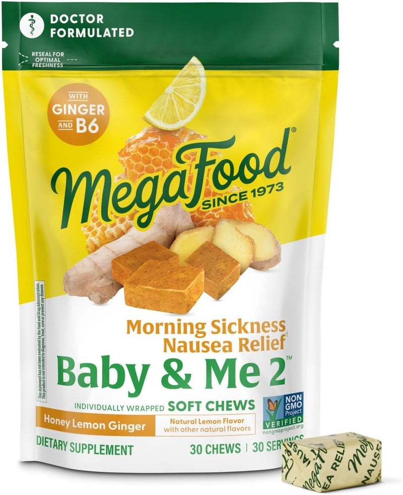 MegaFood ميغا فود بيبي مي  تخفيف غثيان الصباح  مضغ الزنجبيل مع فيتامين ب6 خالي من 9 مسببات الحساسية بنكهة العسل والليمون والزنجبيل 30 مضغ - Image 1