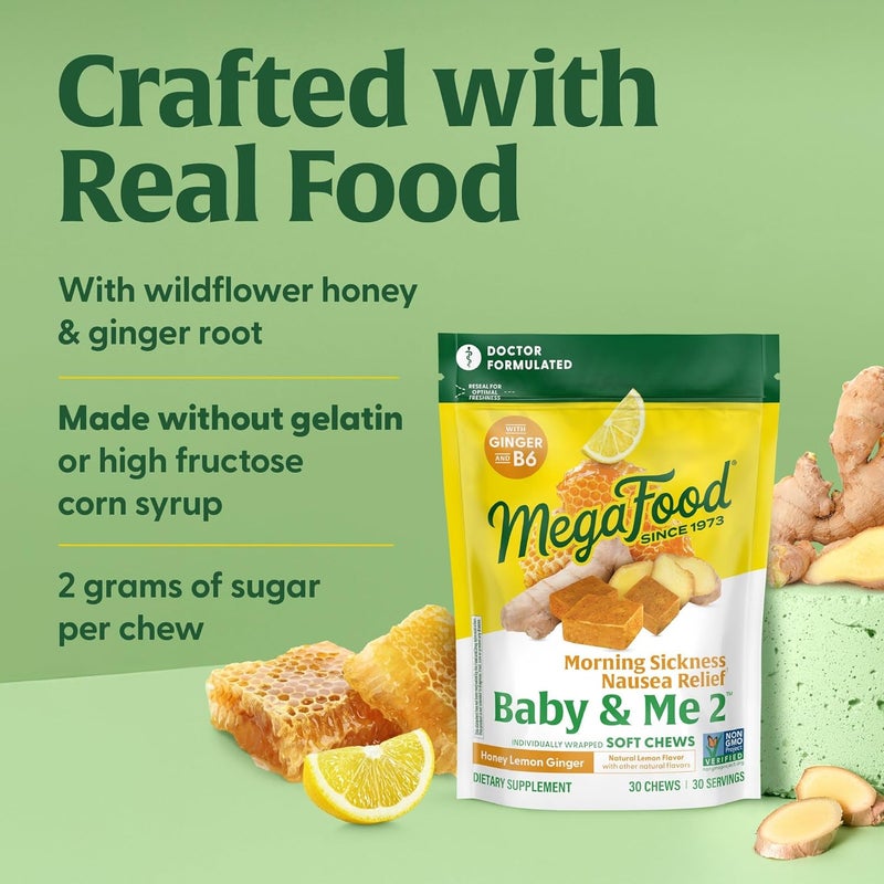 MegaFood ميغا فود بيبي مي  تخفيف غثيان الصباح  مضغ الزنجبيل مع فيتامين ب6 خالي من 9 مسببات الحساسية بنكهة العسل والليمون والزنجبيل 30 مضغ - Image 4