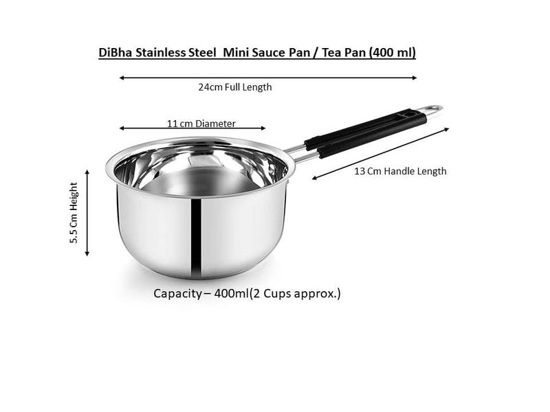 DiBha Stainless Steel Gas Compatible Heavy Base Small Sauce Pan Multipurpose Tea Pan/Milk Pan/Chaidan with Lid and Strong Black PVC Riveted Handle, Ideal for Daily Usage (400 ml) - Image 2