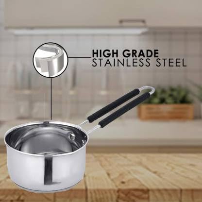 DiBha Stainless Steel Gas Compatible Heavy Base Small Sauce Pan Multipurpose Tea Pan/Milk Pan/Chaidan with Lid and Strong Black PVC Riveted Handle, Ideal for Daily Usage (400 ml) - Image 3
