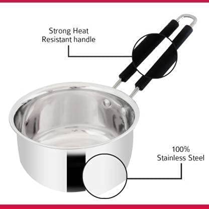 DiBha Stainless Steel Gas Compatible Heavy Base Small Sauce Pan Multipurpose Tea Pan/Milk Pan/Chaidan with Lid and Strong Black PVC Riveted Handle, Ideal for Daily Usage (400 ml) - Image 4