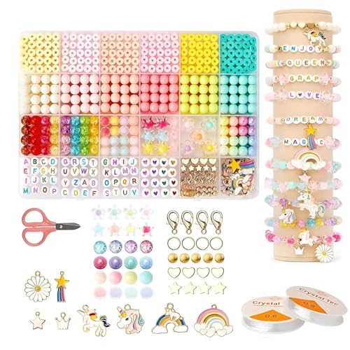 Hedrix Bracelet Kit for Girls - DIY Jewelry Making Set with Charms & Colorful Beads, Letter Beads with Unicorn Pendants Gift for Kids, Crystal Star Flower Hair Beads Set for DIY Jewellery Crafts (Unicorn Bead Kit, Multicolor) - Image 1