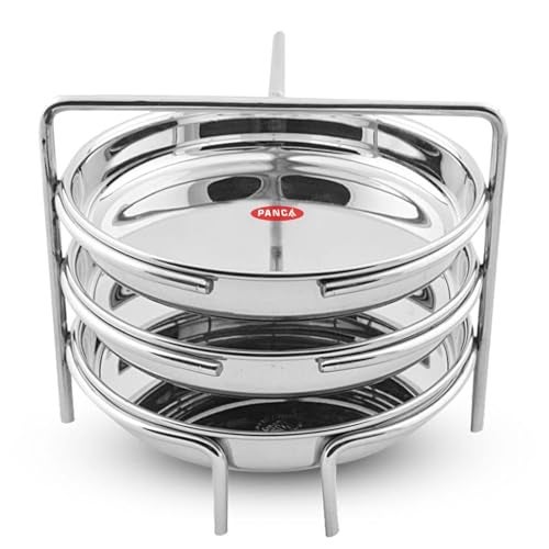 PANCA Stainless Steel Dhokla Maker, Thatte Idli Maker, 3 Big Plates, 16 cm Plates Set With Stand, Fits in all Cookers, Dhokla Stand | Dhokla Plate Only | Thattu Idli Plate | Idli and Dhokla Maker | Khaman Dhokla Plate - Image 1