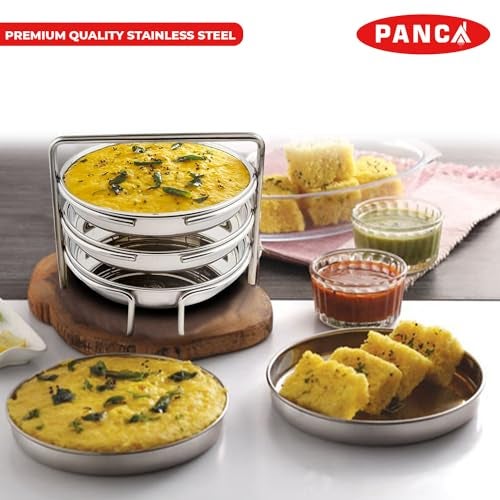 PANCA Stainless Steel Dhokla Maker, Thatte Idli Maker, 3 Big Plates, 16 cm Plates Set With Stand, Fits in all Cookers, Dhokla Stand | Dhokla Plate Only | Thattu Idli Plate | Idli and Dhokla Maker | Khaman Dhokla Plate - Image 4
