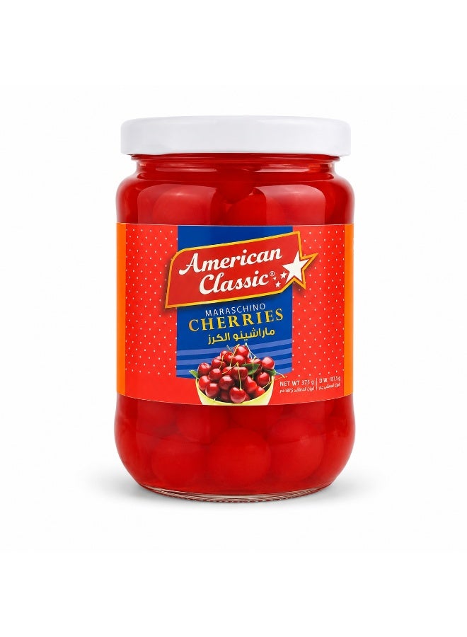 American Classic Maraschino Red Cherries Without Stems 375g, Sweet Cherry Topping & Garnish for Cakes Ice Cream Mocktails - Image 1