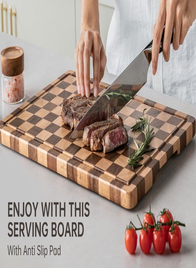 THETCHRY Cutting Boards for Kitchen, Checkered Cutting Board Upgraded, Acacia Wood Chopping Board with Juice Grooves & Handles, Large Butcher Block Serving Tray with Gift Box, 16.5" x 11.6" x 0.8" - Image 5