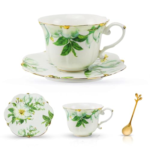 TATSUMI Country Roses Bone China Tea Cup and Saucer Set, 3 Pieces, Vintage Style, For Women and Tea Parties(Green,1 Set) - Image 4