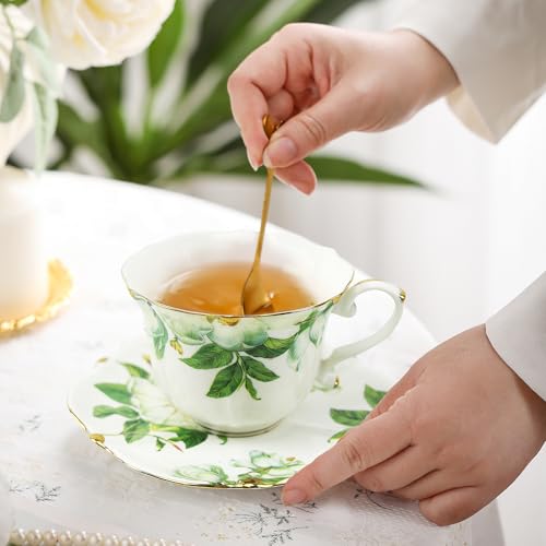 TATSUMI Country Roses Bone China Tea Cup and Saucer Set, 3 Pieces, Vintage Style, For Women and Tea Parties(Green,1 Set) - Image 3