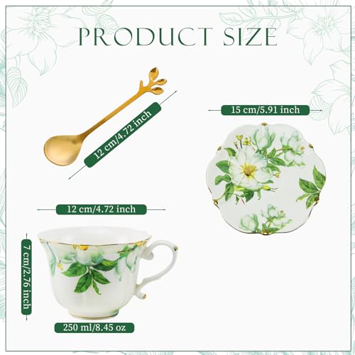 TATSUMI Country Roses Bone China Tea Cup and Saucer Set, 3 Pieces, Vintage Style, For Women and Tea Parties(Green,1 Set) - Image 2