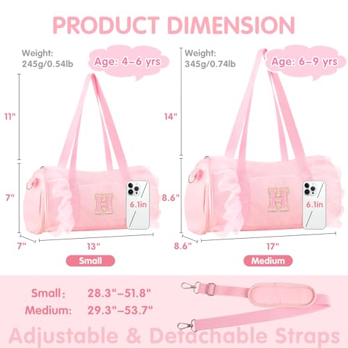 Iqimott Personalized Initial Dance Bag for Girls 69 Medium Lace Gym Sport Yoga Cheer Dance Bags Gift for Teen Girls Cute Letter Kids Ballet Bag Toddler Travel Duffel Tote with Adjustable StrapsPinkH - Image 3