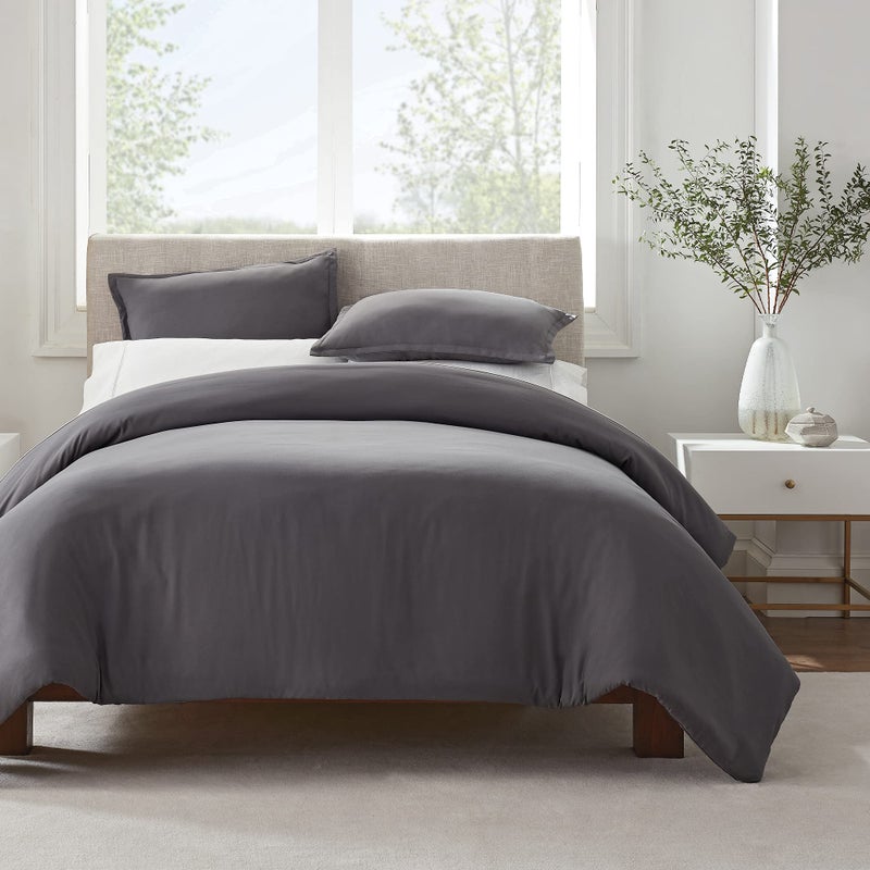 SERTA Simply Clean Ultra Soft Hypoallergenic Stain Resistant 3 Piece Solid Duvet Cover Set, Grey, Full/Queen - Image 1
