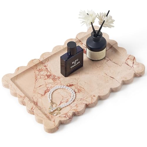 Zilukar Real Natural Scalloped Marble Tray for Bathroom, Vanity, Kitchen and Desktop, Decorative Stone Tray for Jewelry, Cosmetics, Candles, Lotion, Perfume and Home Décor (Pink, 12" x 8") - Image 1