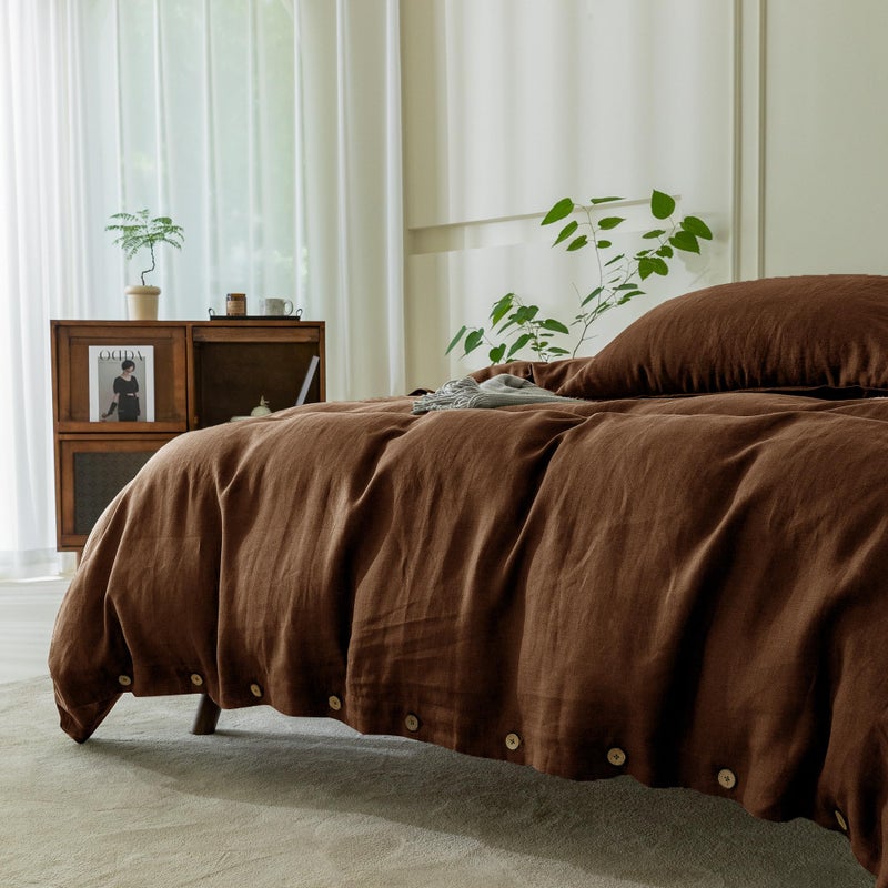 Everly 100% Pure Linen Duvet Cover Set Queen Size 90X90Inch 3Pcs (1 Duvet Cover 2 Pillowcases) Soft And Breathable For All Season With Coconut Button Closure  Suitable For Hot Sleepers-Chocolate - Image 5