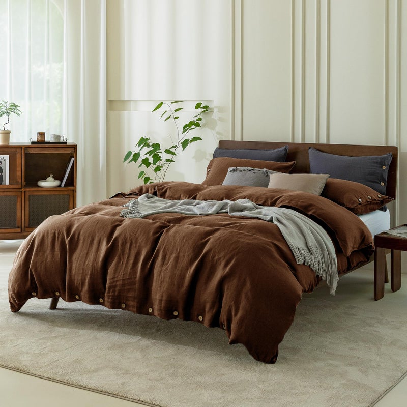 Everly 100% Pure Linen Duvet Cover Set Queen Size 90X90Inch 3Pcs (1 Duvet Cover 2 Pillowcases) Soft And Breathable For All Season With Coconut Button Closure  Suitable For Hot Sleepers-Chocolate - Image 2