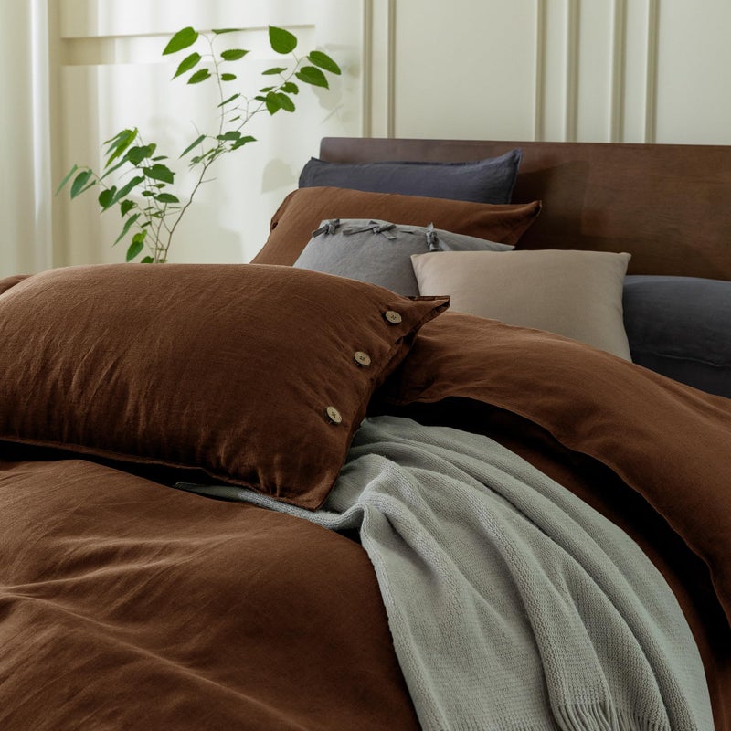Everly 100% Pure Linen Duvet Cover Set Queen Size 90X90Inch 3Pcs (1 Duvet Cover 2 Pillowcases) Soft And Breathable For All Season With Coconut Button Closure  Suitable For Hot Sleepers-Chocolate - Image 4