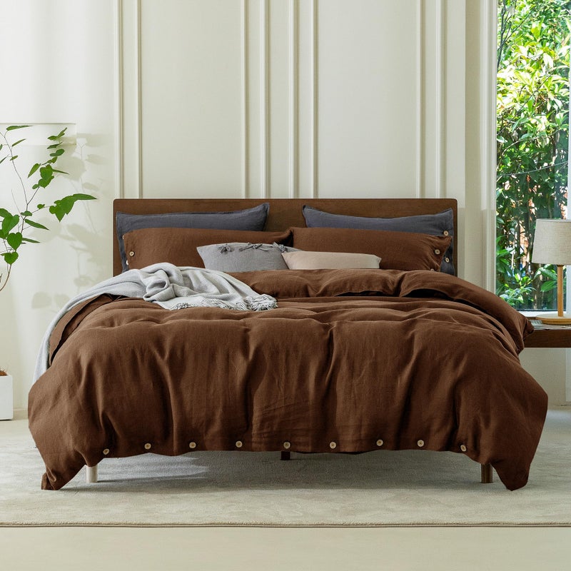 Everly 100% Pure Linen Duvet Cover Set Queen Size 90X90Inch 3Pcs (1 Duvet Cover 2 Pillowcases) Soft And Breathable For All Season With Coconut Button Closure  Suitable For Hot Sleepers-Chocolate - Image 1