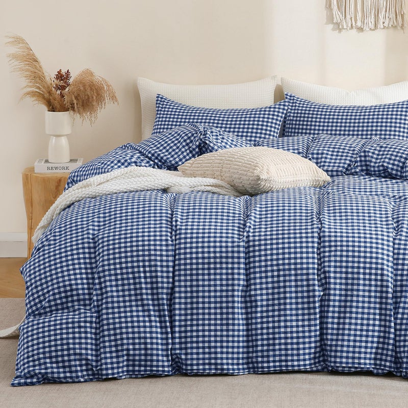 TOCOMOA Navy Blue Gingham Duvet Cover Bedding Set 100% Washed Cotton Like Linen Feel Super Soft Comfy 3 Piece Dark Blue Plaid Checkered Comforter Cover Set (Queen 90"x90", Comforter Not Included) - Image 1