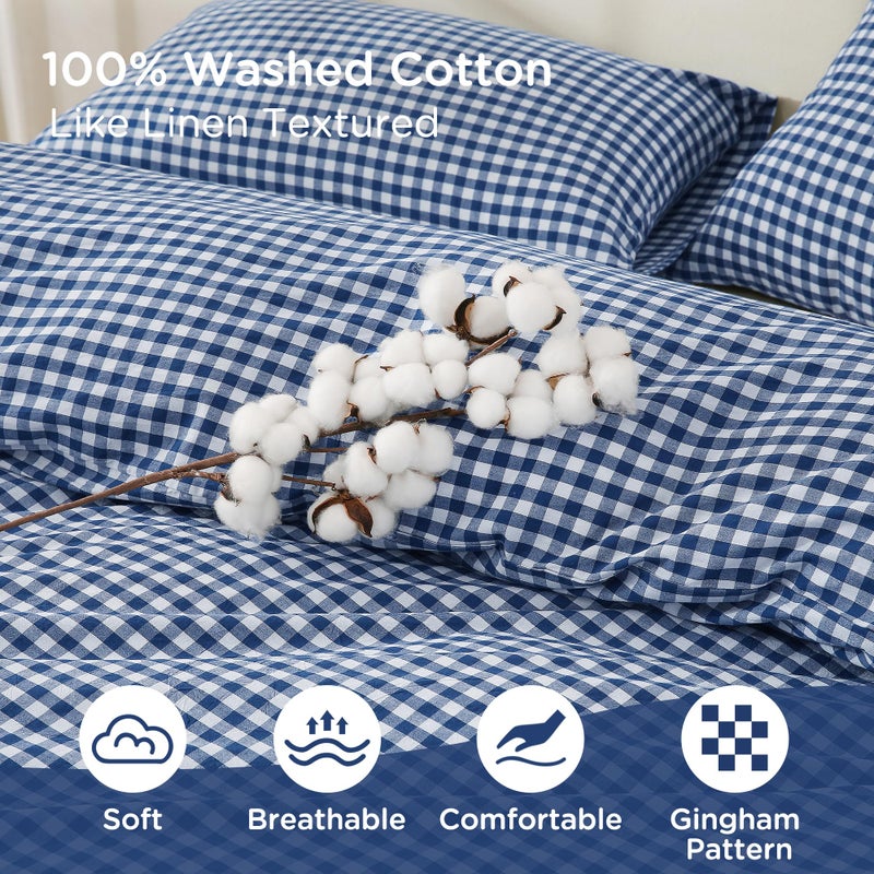 TOCOMOA Navy Blue Gingham Duvet Cover Bedding Set 100% Washed Cotton Like Linen Feel Super Soft Comfy 3 Piece Dark Blue Plaid Checkered Comforter Cover Set (Queen 90"x90", Comforter Not Included) - Image 5