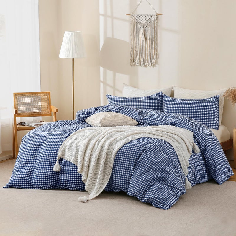 TOCOMOA Navy Blue Gingham Duvet Cover Bedding Set 100% Washed Cotton Like Linen Feel Super Soft Comfy 3 Piece Dark Blue Plaid Checkered Comforter Cover Set (Queen 90"x90", Comforter Not Included) - Image 2