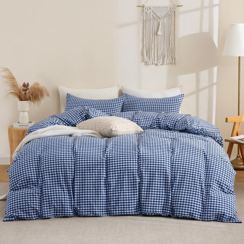 TOCOMOA Navy Blue Gingham Duvet Cover Bedding Set 100% Washed Cotton Like Linen Feel Super Soft Comfy 3 Piece Dark Blue Plaid Checkered Comforter Cover Set (Queen 90"x90", Comforter Not Included) - Image 3
