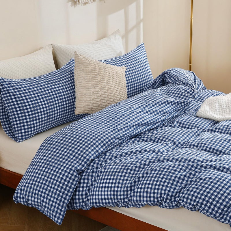 TOCOMOA Navy Blue Gingham Duvet Cover Bedding Set 100% Washed Cotton Like Linen Feel Super Soft Comfy 3 Piece Dark Blue Plaid Checkered Comforter Cover Set (Queen 90"x90", Comforter Not Included) - Image 4