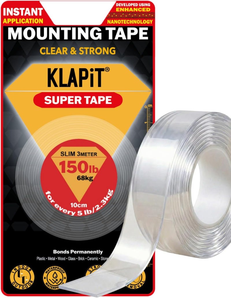 KLAPiT SUPER TAPE Double Sided Tape Heavy Duty Mounting Holds 150 Pounds or 68Kg Weight Using Enhanced Nanotechnology. Clear Tape for Wall, Wood, Tile, Stone, Glass, Metal and Acrylic Slim 3m - Image 1