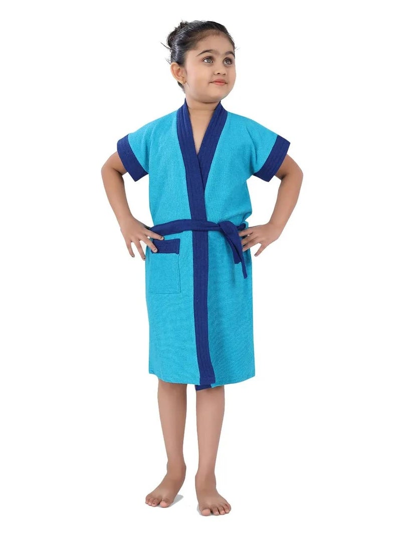 BabyMoo BabyMoo Solid with Piping Toddler Half Sleeves Pocket with Waist Belt Bathrobe Blue_L