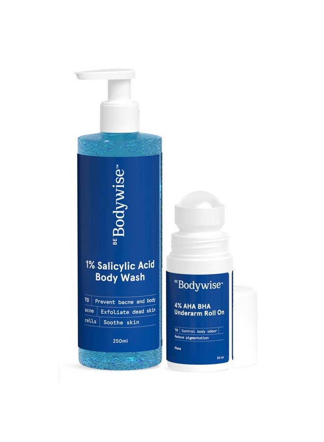 Be Bodywise 1% Salicylic Acid Body Wash (250ml) & 4% Underarm Roll on (50ml) | 2% Lactic Acid, 1% Mandelic Acid | Prevents Body Acne, Odour & Pigmentation | Suitable for Sensitive Skin - Image 1