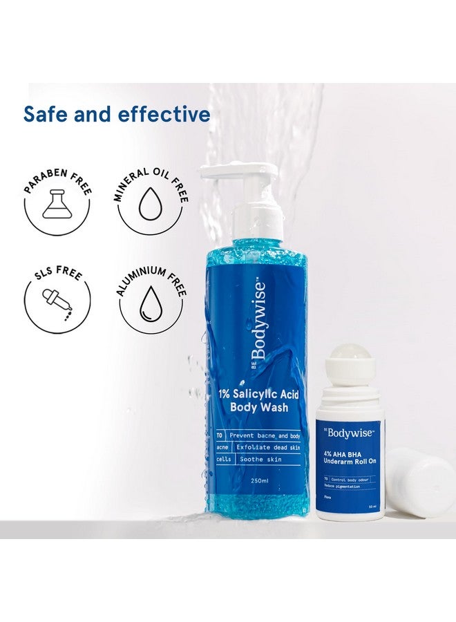 Be Bodywise 1% Salicylic Acid Body Wash (250ml) & 4% Underarm Roll on (50ml) | 2% Lactic Acid, 1% Mandelic Acid | Prevents Body Acne, Odour & Pigmentation | Suitable for Sensitive Skin - Image 5