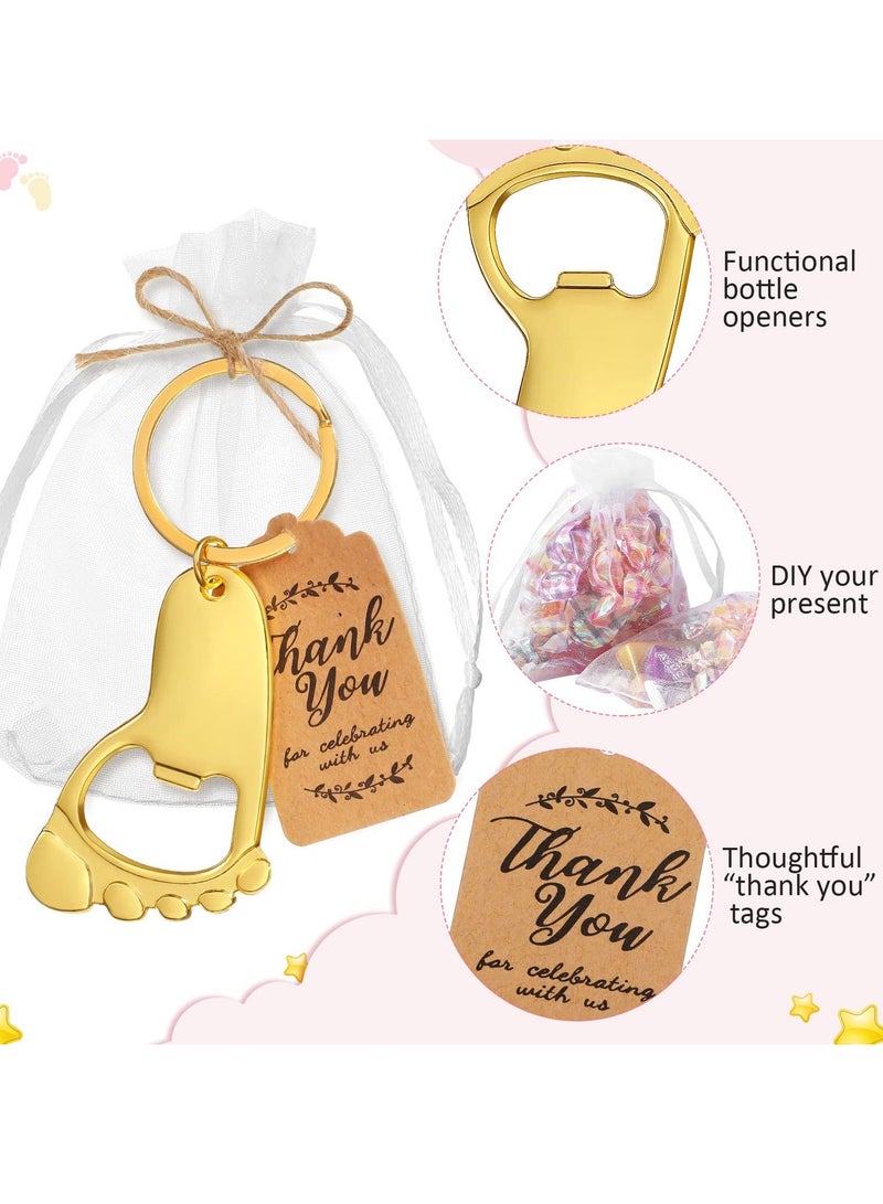 XiuWoo 20 Pieces Footprint Keychain Bottle Opener Baby Shower Favors for Guest Souvenirs Supplies and Decorations with Organza Bags Tags Rope (Gold) - Image 3