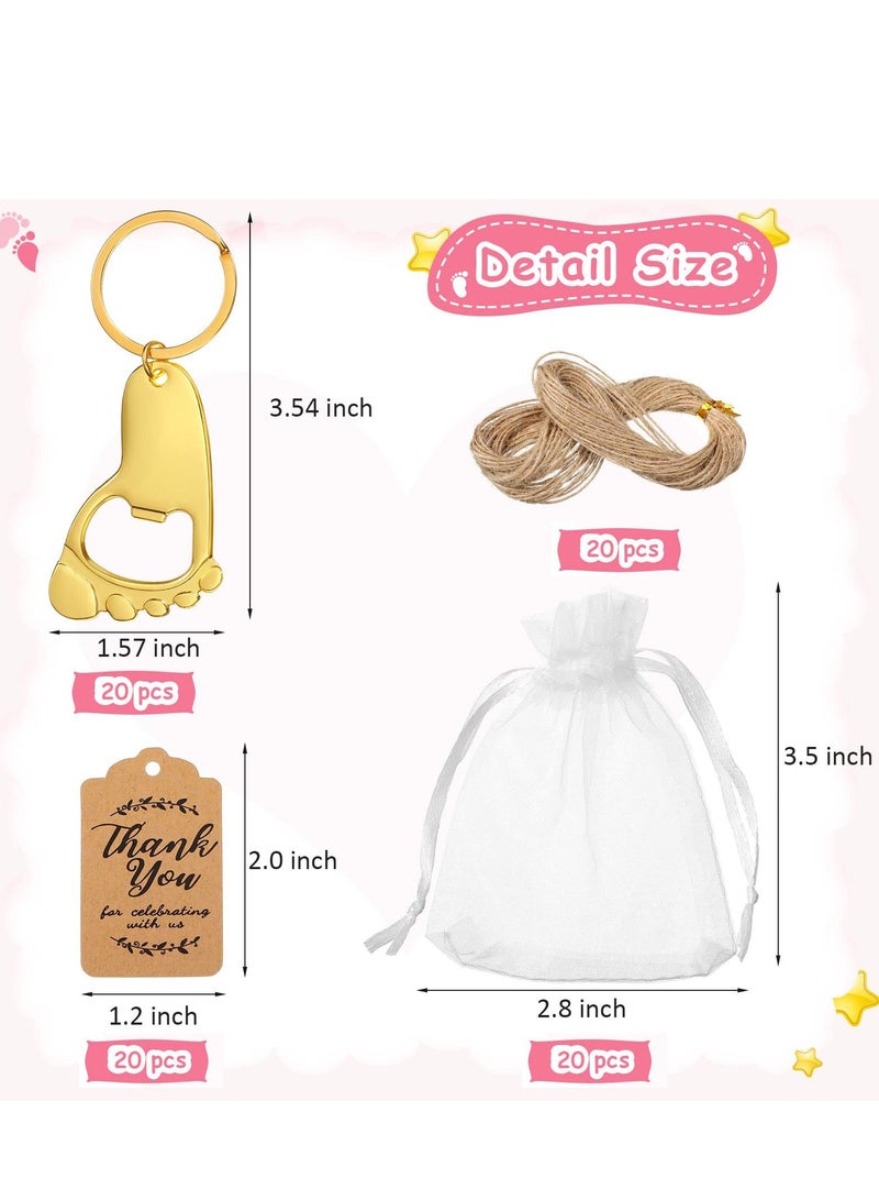XiuWoo 20 Pieces Footprint Keychain Bottle Opener Baby Shower Favors for Guest Souvenirs Supplies and Decorations with Organza Bags Tags Rope (Gold) - Image 2