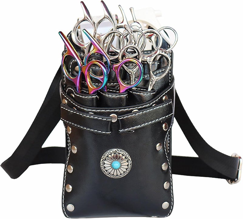 Adorila Hairdresser Scissor Bag, Leather Salon Barber Hairdressing Scissor Waist Pouch, Hair Stylist Tools Bag with Waist Shoulder Strap (Black)