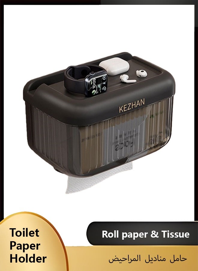 صندوق مناديل الحمام، مثبت على الحائط، مقاوم للماء والرطوبة بدون حفر، درج ورق تواليت الحمام ثنائي الاستخدام، لاصق غير قابل للترك، تصميم على الرف العلوي - Image 1