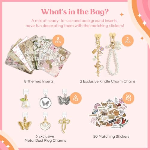 KACIOLA STUDIO 8PCS Inserts Cardstock Set for E-Reader, 6 Type C Charms and 2 Chains with 50PCS Stickers for Clear Case, 6.9"x4.8" Insert for Paper White11th/12th, Gifts for Booklovers (Butterfly) - Image 3