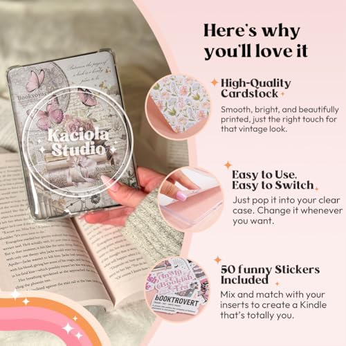 KACIOLA STUDIO 8PCS Inserts Cardstock Set for E-Reader, 6 Type C Charms and 2 Chains with 50PCS Stickers for Clear Case, 6.9"x4.8" Insert for Paper White11th/12th, Gifts for Booklovers (Butterfly) - Image 5