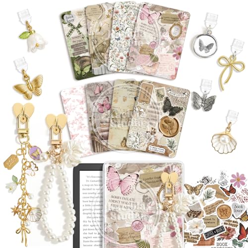 KACIOLA STUDIO 8PCS Inserts Cardstock Set for E-Reader, 6 Type C Charms and 2 Chains with 50PCS Stickers for Clear Case, 6.9"x4.8" Insert for Paper White11th/12th, Gifts for Booklovers (Butterfly) - Image 1