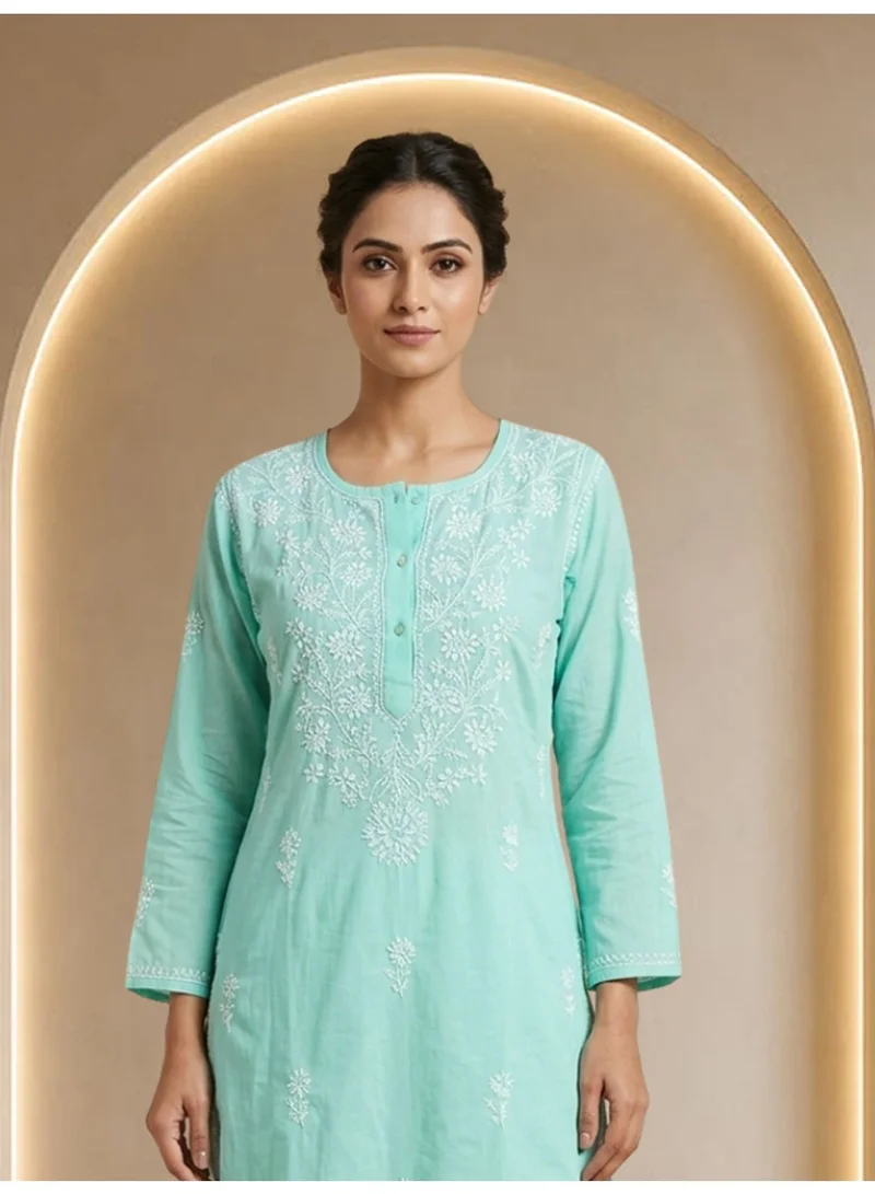 Alaya Seagreen Hand Embroidered Chikankari Cotton Kurta-ALNTV115 for Women | Best Price UAE