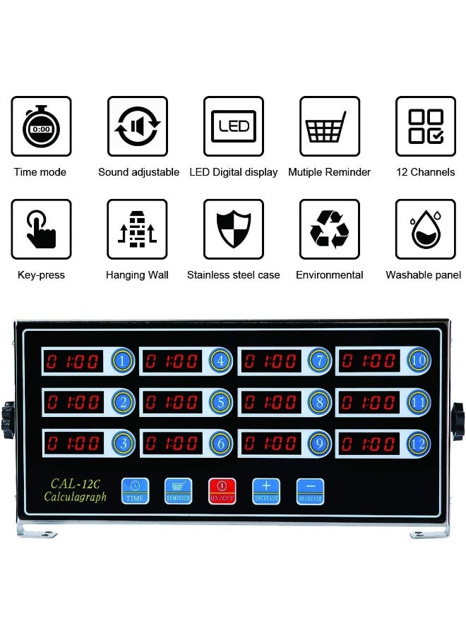 BIZOEPRO 12 Channel Digital Kitchen Timer Cooking Timer Reminder Commercial Burger Bakery Restaurant Clock Loud Alarm Stainless Steel LED Display Calculagraph Timer  - Image 3