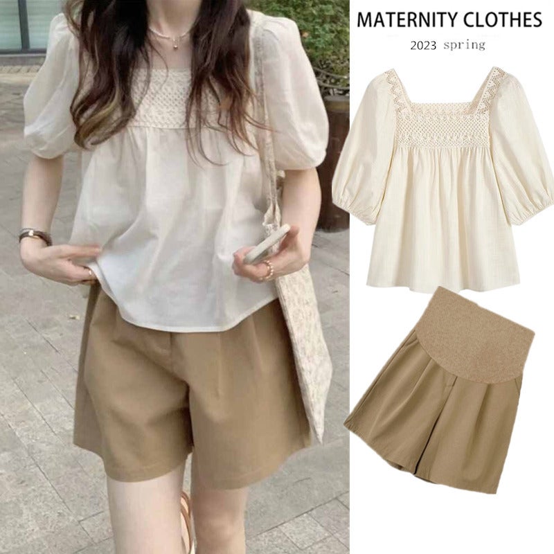 Pregnant Womens suit Summer Thin Pregnant Womens Top Summer Short-sleeved T-shirt Loose Western Style Doll Shirt Shorts Two-piece Set apricot suit