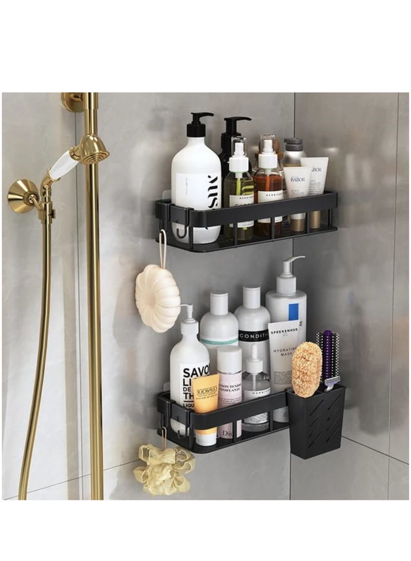 EnvoMart Pack of 2 Shower Caddy Organizer - Carbon Steel Shower Shelf with Hooks - Adhesive Bathroom Shelves for Storage and Organization - Black Shower Organizer - No Drilling Required  - Image 1